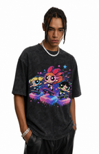 Vintage Acid Wash Retro Cartoon Skate Pixel Art Graphic Tee | 90s Animated Girl Skaters Unisex Oversized Heavy Cotton Streetwear T-Shirt