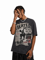 Vintage Acid Wash Skate Street Life Newspaper Collage Graphic Tee | Retro Skateboarding Unisex Oversized Heavy Cotton Streetwear T-Shirt