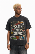 Vintage Acid Wash Skate The Streets Sticker Bomb Collage Graphic Tee | Retro Skateboarding Unisex Oversized Heavy Cotton Streetwear T-Shirt