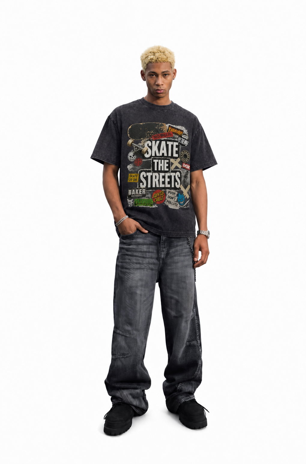 Vintage Acid Wash Skate The Streets Sticker Bomb Collage Graphic Tee | Retro Skateboarding Unisex Oversized Heavy Cotton Streetwear T-Shirt
