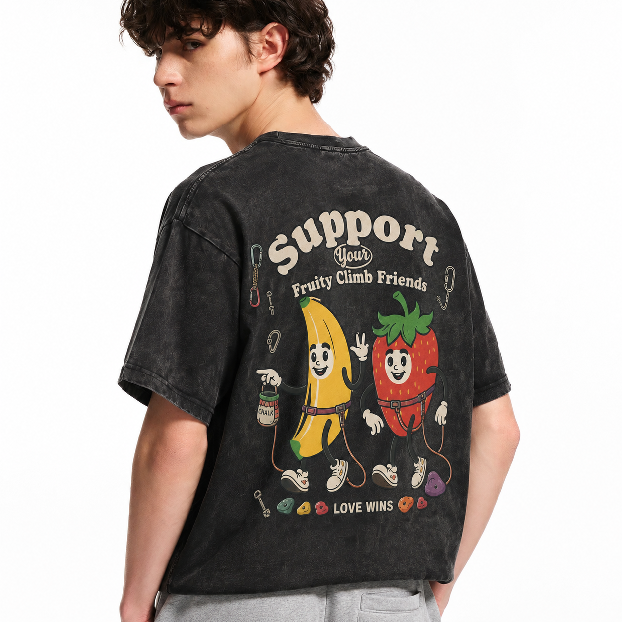 Vintage Acid Wash Fruit Climbing Friends Graphic Tee | Cute Banana Strawberry Rock Climbing Unisex Oversized Heavy Cotton Streetwear T-Shirt