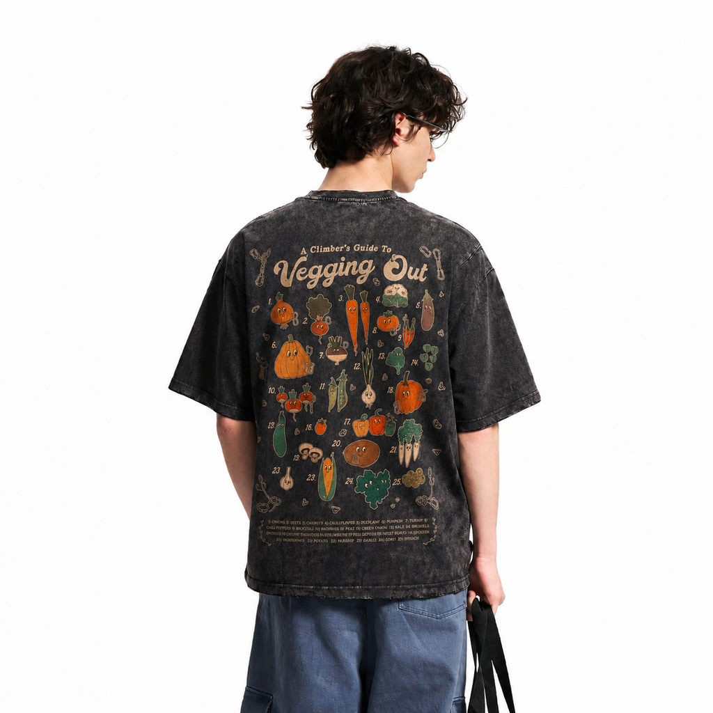 Vintage Acid Wash A Climber's Guide To Vegging Out Cartoon Vegetable Graphic Tee | Rock Climbing Vegan Unisex Oversized Heavy Cotton Streetwear T-Shirt