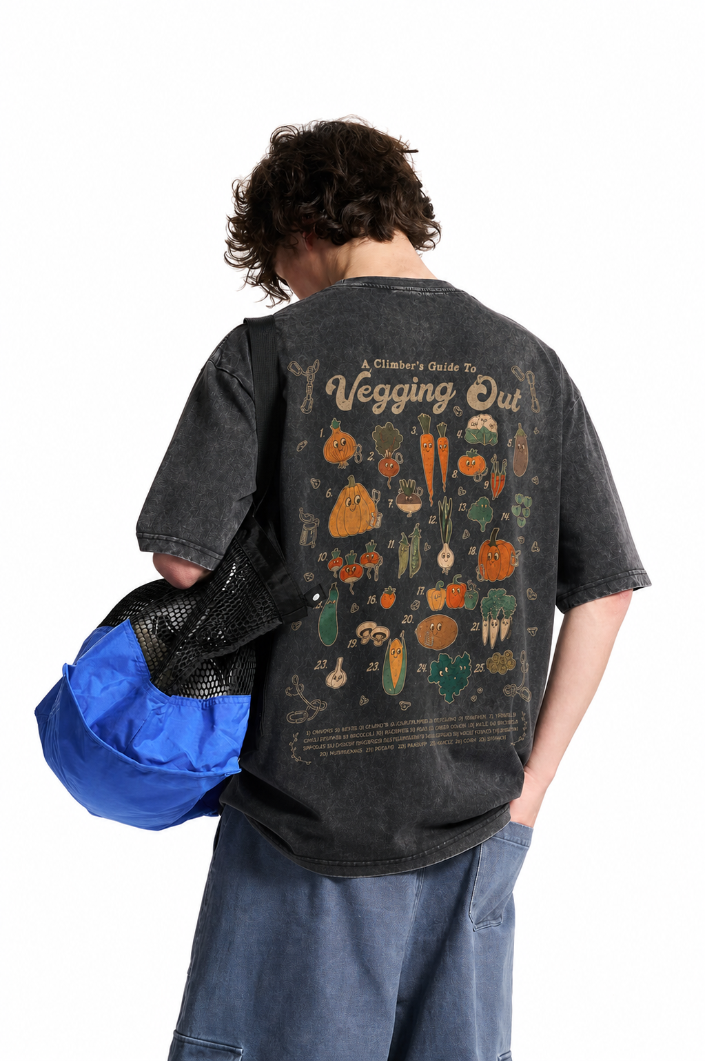Vintage Acid Wash A Climber's Guide To Vegging Out Cartoon Vegetable Graphic Tee | Rock Climbing Vegan Unisex Oversized Heavy Cotton Streetwear T-Shirt