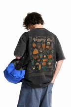 Vintage Acid Wash A Climber's Guide To Vegging Out Cartoon Vegetable Graphic Tee | Rock Climbing Vegan Unisex Oversized Heavy Cotton Streetwear T-Shirt