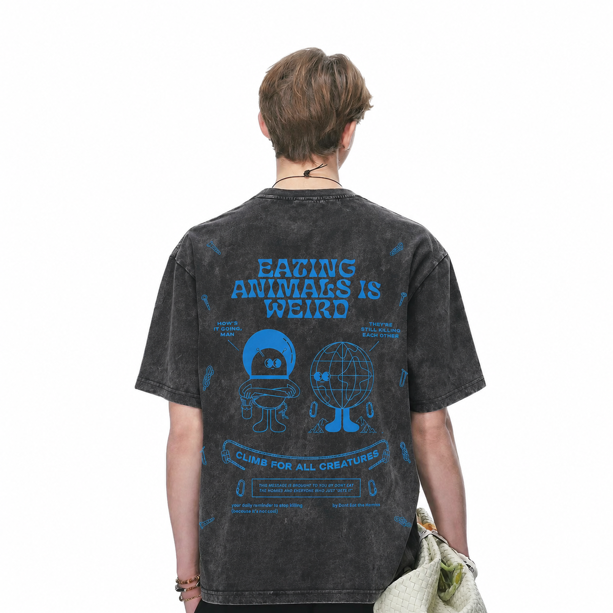 Vintage Acid Wash Eating Animals Is Weird Vegan Animal Rights Graphic Tee | Retro Blue Climbing Unisex Oversized Heavy Cotton Streetwear T-Shirt