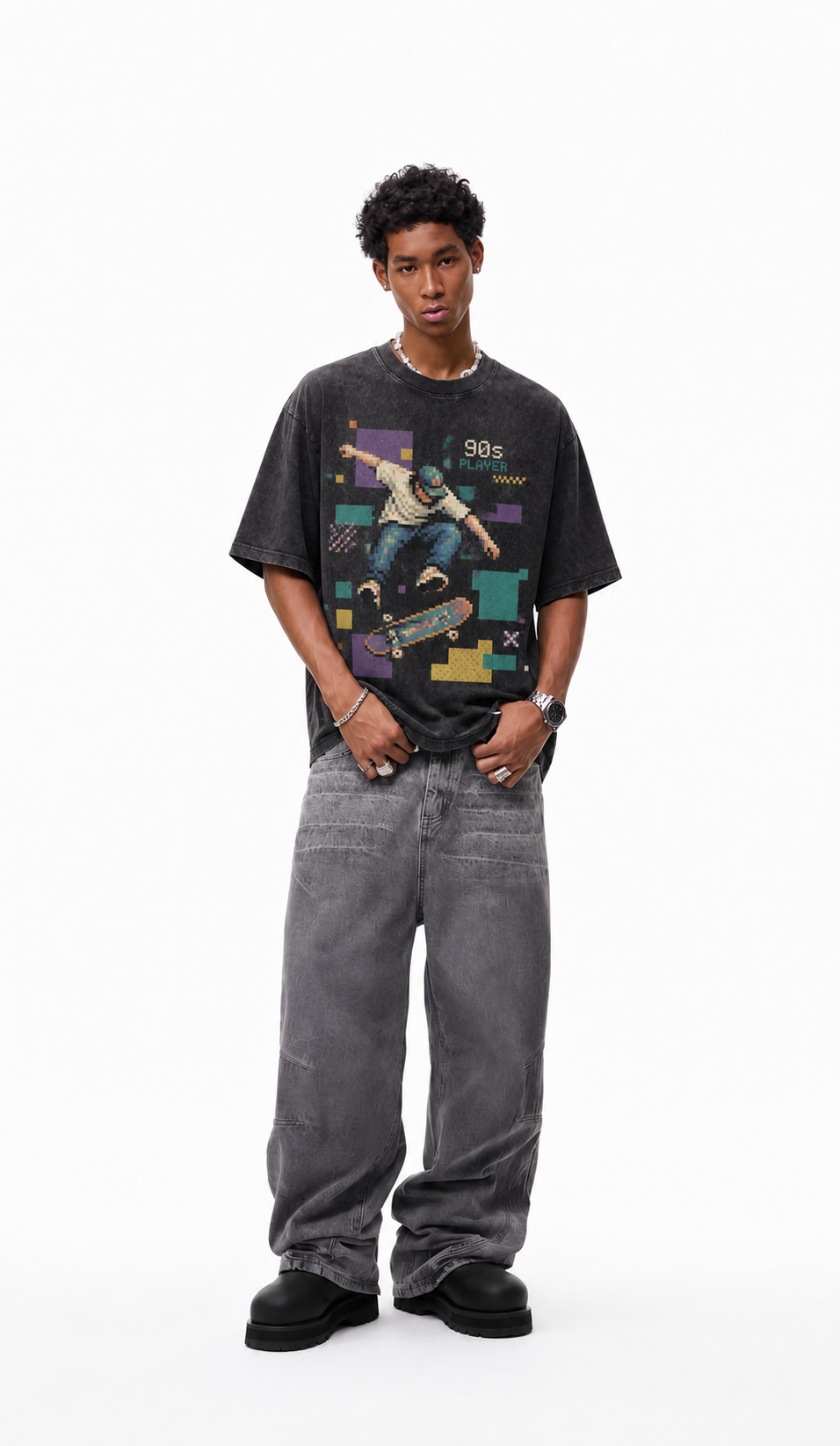 Vintage Acid Wash 90s Pixel Skate Player Graphic Tee | Retro Arcade Skateboarding Unisex Oversized Heavy Cotton Streetwear T-Shirt