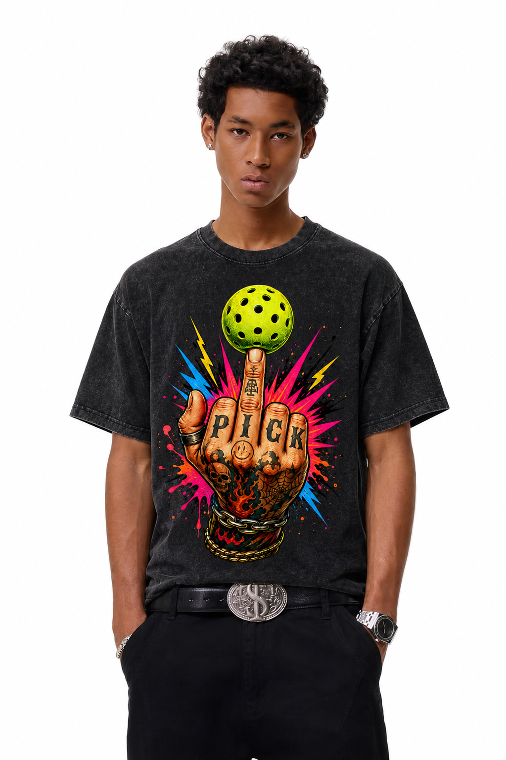 Vintage Acid Wash Pickleball Middle Finger Graphic Tee | Funny Pickleball Unisex Oversized Heavy Cotton Streetwear T-Shirt
