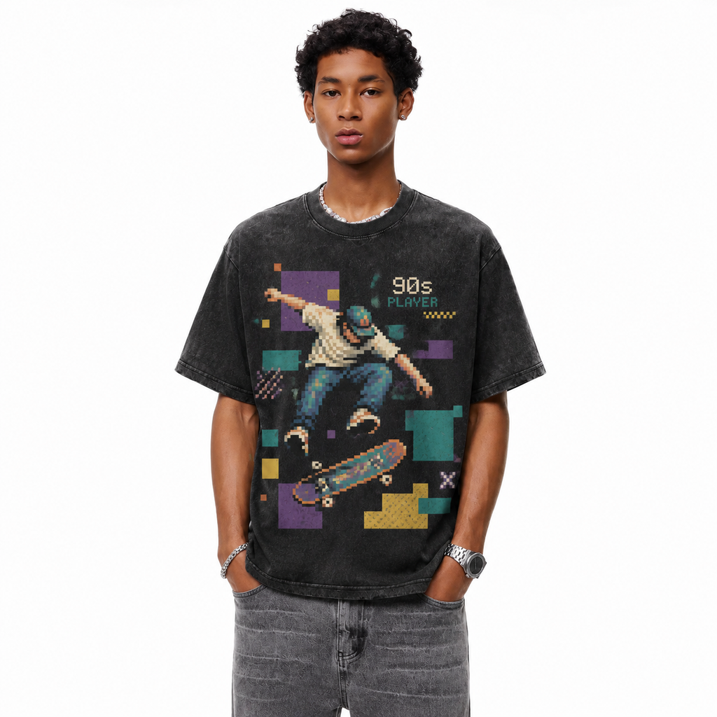 Vintage Acid Wash 90s Pixel Skate Player Graphic Tee | Retro Arcade Skateboarding Unisex Oversized Heavy Cotton Streetwear T-Shirt