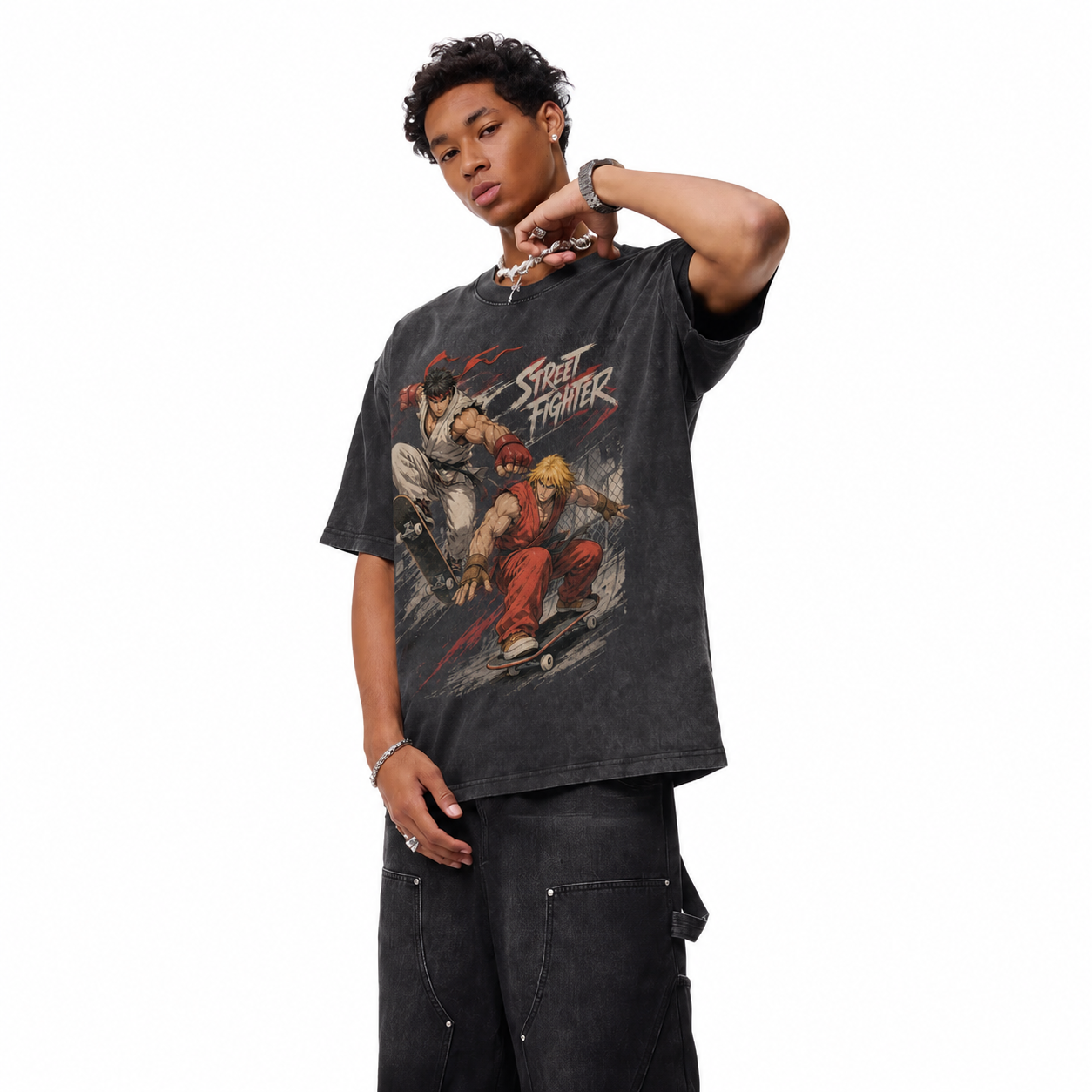 Vintage Acid Wash Street Fighter Skate Mashup Graphic Tee | Retro Arcade Fighting Game Unisex Oversized Heavy Cotton Streetwear T-Shirt