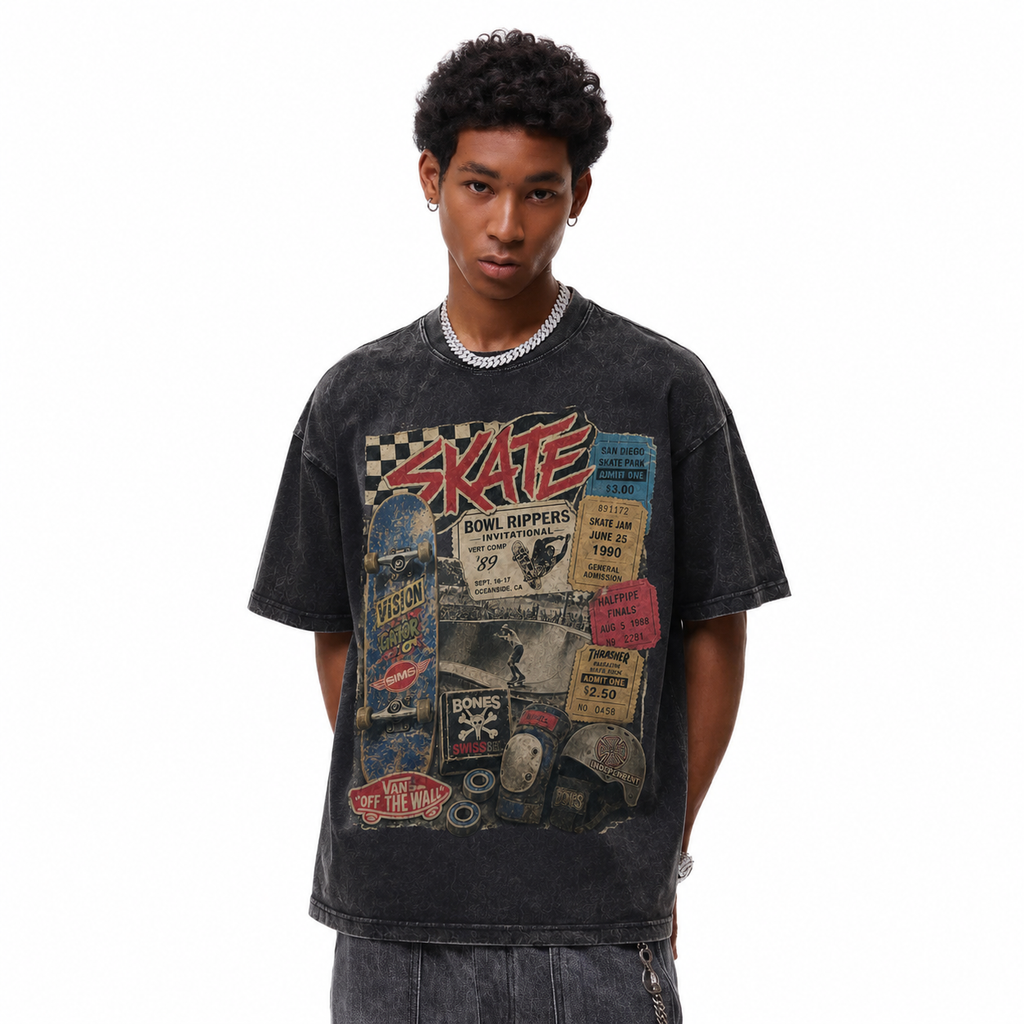 Vintage Acid Wash 80s Skate Ticket Collage Graphic Tee | Retro Bowl Rippers Skate Competition Unisex Oversized Heavy Cotton Streetwear T-Shirt