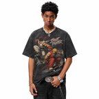 Vintage Acid Wash Street Fighter Skate Mashup Graphic Tee | Retro Arcade Fighting Game Unisex Oversized Heavy Cotton Streetwear T-Shirt