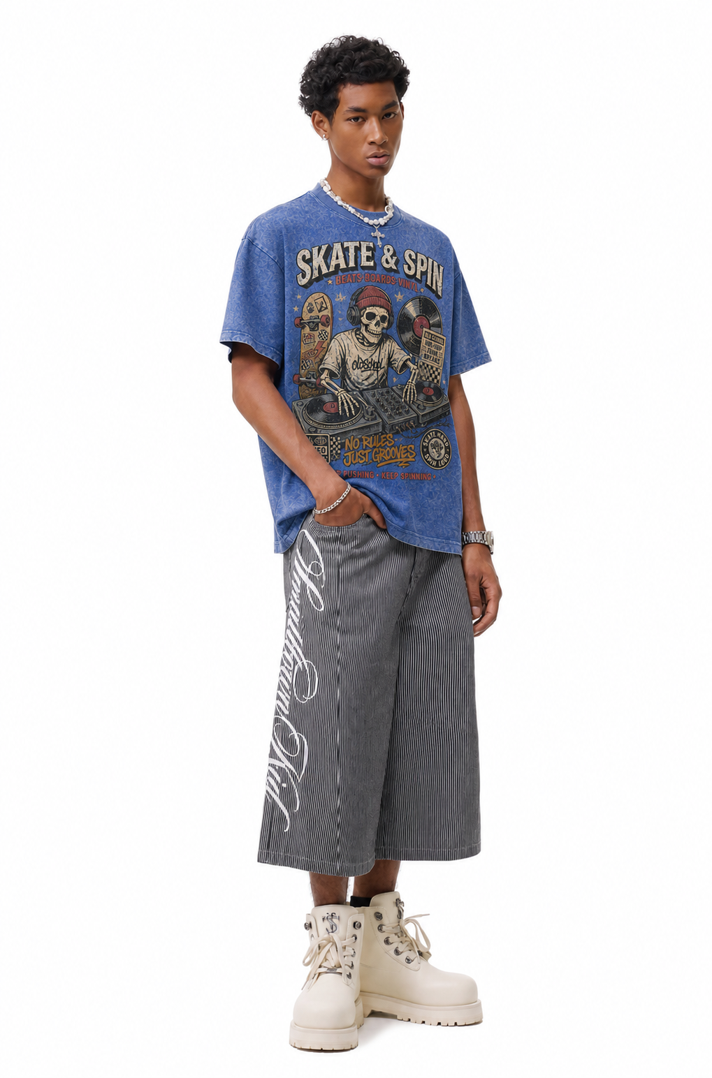Vintage Acid Wash Skate & Spin DJ Skeleton Graphic Tee | Old School Hip Hop Vinyl Skateboard Unisex Oversized Heavy Cotton Streetwear T-Shirt