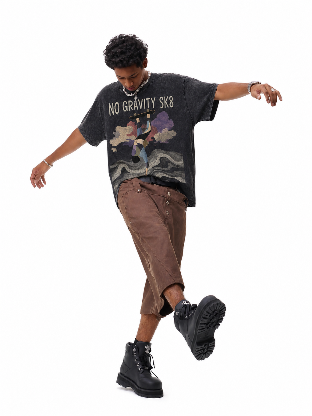 Vintage Acid Wash No Gravity Sk8 Abstract Skate Graphic Tee | Minimal Surreal Skateboarding Unisex Oversized Heavy Cotton Streetwear T-Shirt