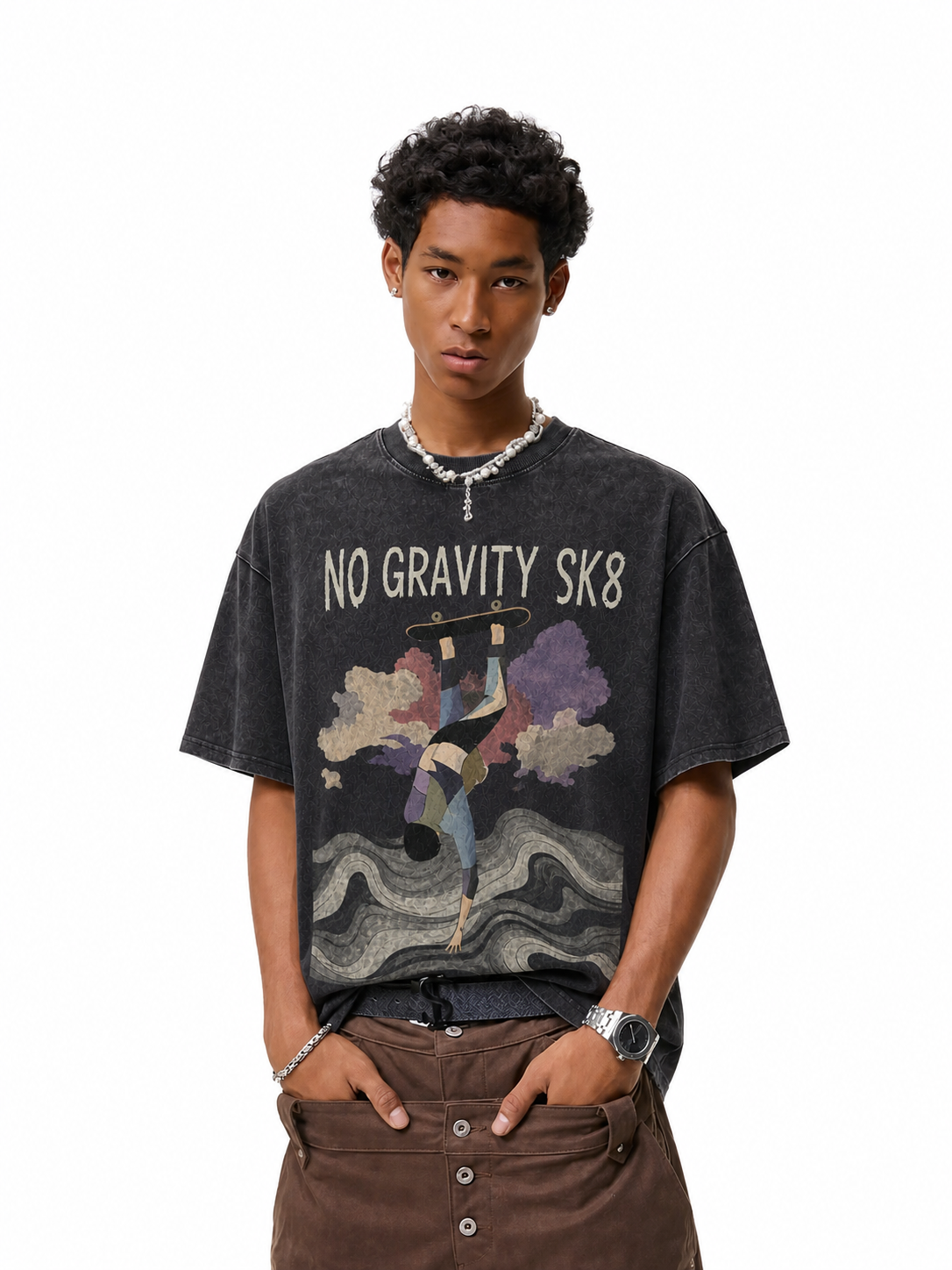 Vintage Acid Wash No Gravity Sk8 Abstract Skate Graphic Tee | Minimal Surreal Skateboarding Unisex Oversized Heavy Cotton Streetwear T-Shirt