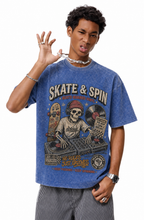 Vintage Acid Wash Skate & Spin DJ Skeleton Graphic Tee | Old School Hip Hop Vinyl Skateboard Unisex Oversized Heavy Cotton Streetwear T-Shirt