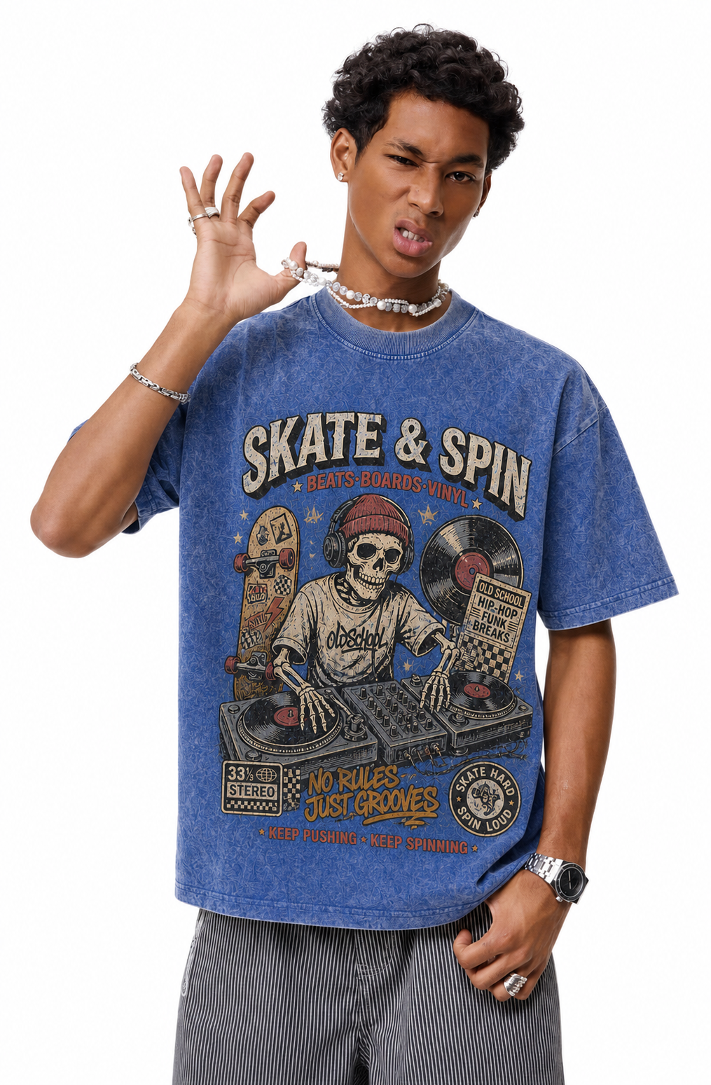 Vintage Acid Wash Skate & Spin DJ Skeleton Graphic Tee | Old School Hip Hop Vinyl Skateboard Unisex Oversized Heavy Cotton Streetwear T-Shirt
