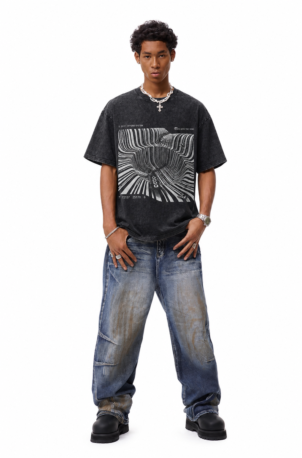 Vintage Acid Wash Skate Into The Void Optical Illusion Striped Skate Graphic Tee | Cyber Off Grid Monochrome Skateboarding Unisex Oversized Heavy Cotton Streetwear T-Shirt