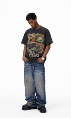 Vintage Acid Wash Skate Stamps Retro Postage Stamp Graphic Tee | Old School Skatepark Unisex Oversized Heavy Cotton Streetwear T-Shirt