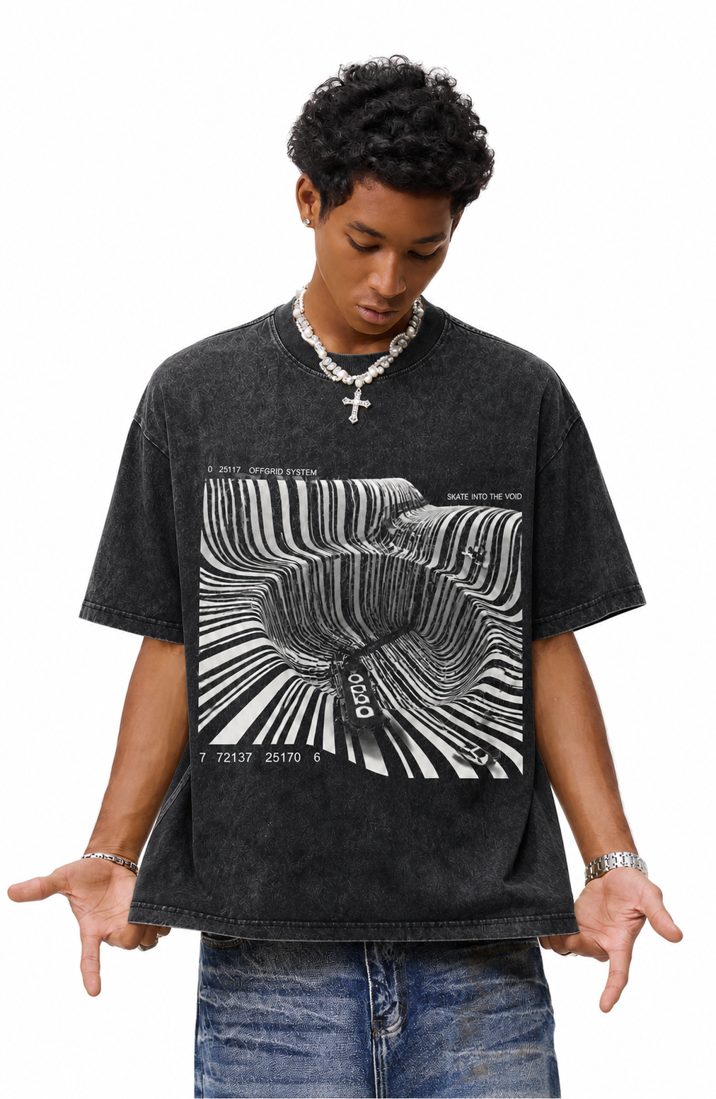 Vintage Acid Wash Skate Into The Void Optical Illusion Striped Skate Graphic Tee | Cyber Off Grid Monochrome Skateboarding Unisex Oversized Heavy Cotton Streetwear T-Shirt