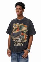Vintage Acid Wash Skate Stamps Retro Postage Stamp Graphic Tee | Old School Skatepark Unisex Oversized Heavy Cotton Streetwear T-Shirt