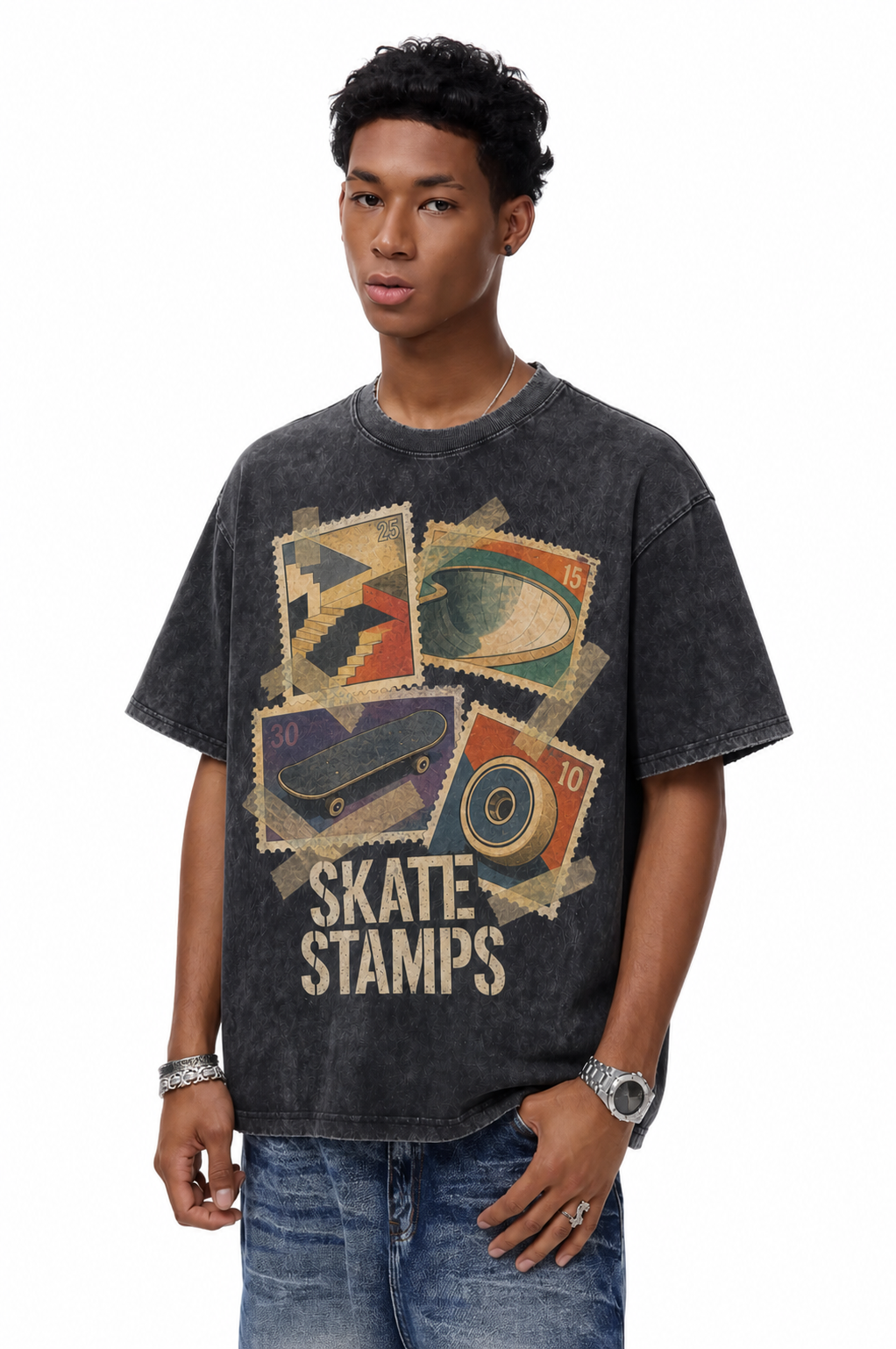 Vintage Acid Wash Skate Stamps Retro Postage Stamp Graphic Tee | Old School Skatepark Unisex Oversized Heavy Cotton Streetwear T-Shirt