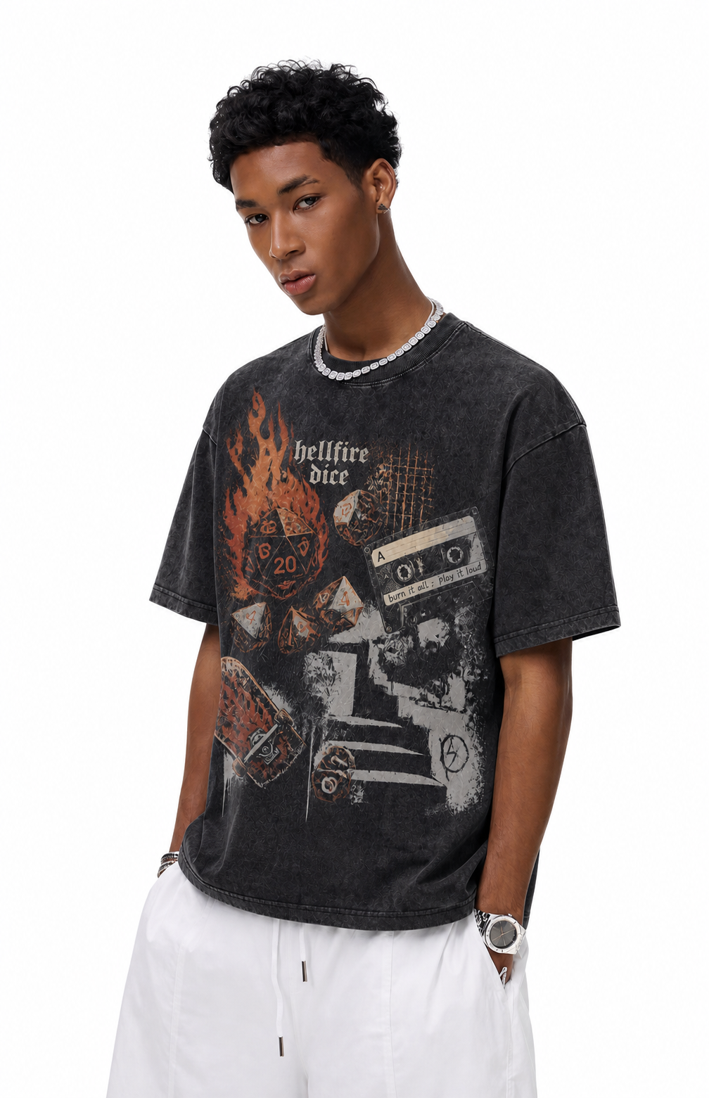 Vintage Acid Wash Hellfire Dice DnD Skate Cassette Tape Grunge Graphic Tee | Dark Fantasy Punk Skate Unisex Oversized Heavy Cotton Streetwear T-Shirt