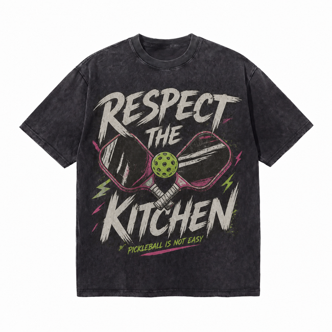 Respect The Kitchen Pickleball Grunge Washed Black Oversized T-Shirt | Retro Pickleball Meme Streetwear Tee Hover Image