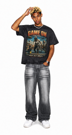 Game On Pickleball Battle Washed Black Oversized T-Shirt | Retro Gamer Sport Mashup Tee