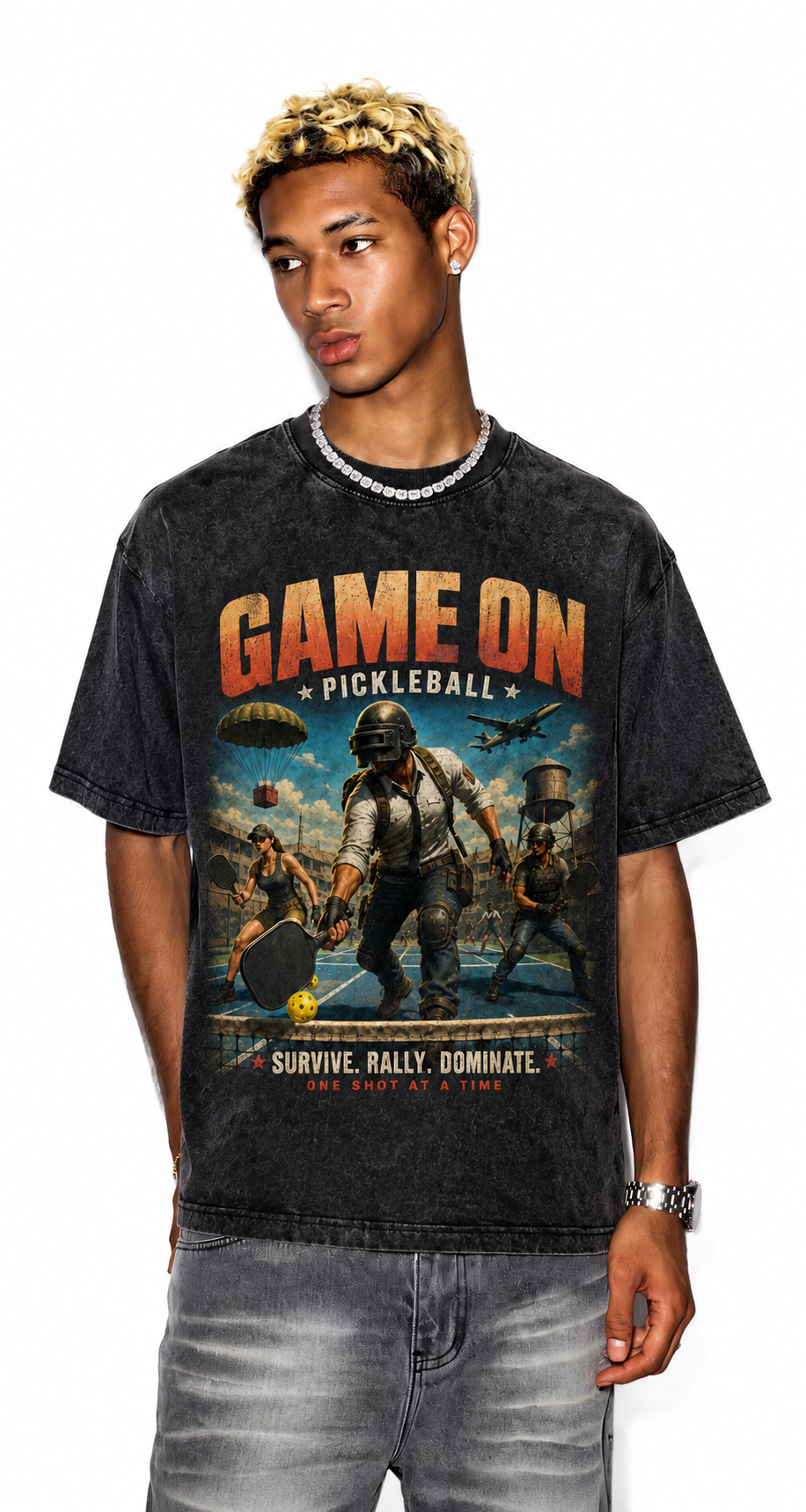 Game On Pickleball Battle Washed Black Oversized T-Shirt | Retro Gamer Sport Mashup Tee