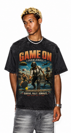 Game On Pickleball Battle Washed Black Oversized T-Shirt | Retro Gamer Sport Mashup Tee