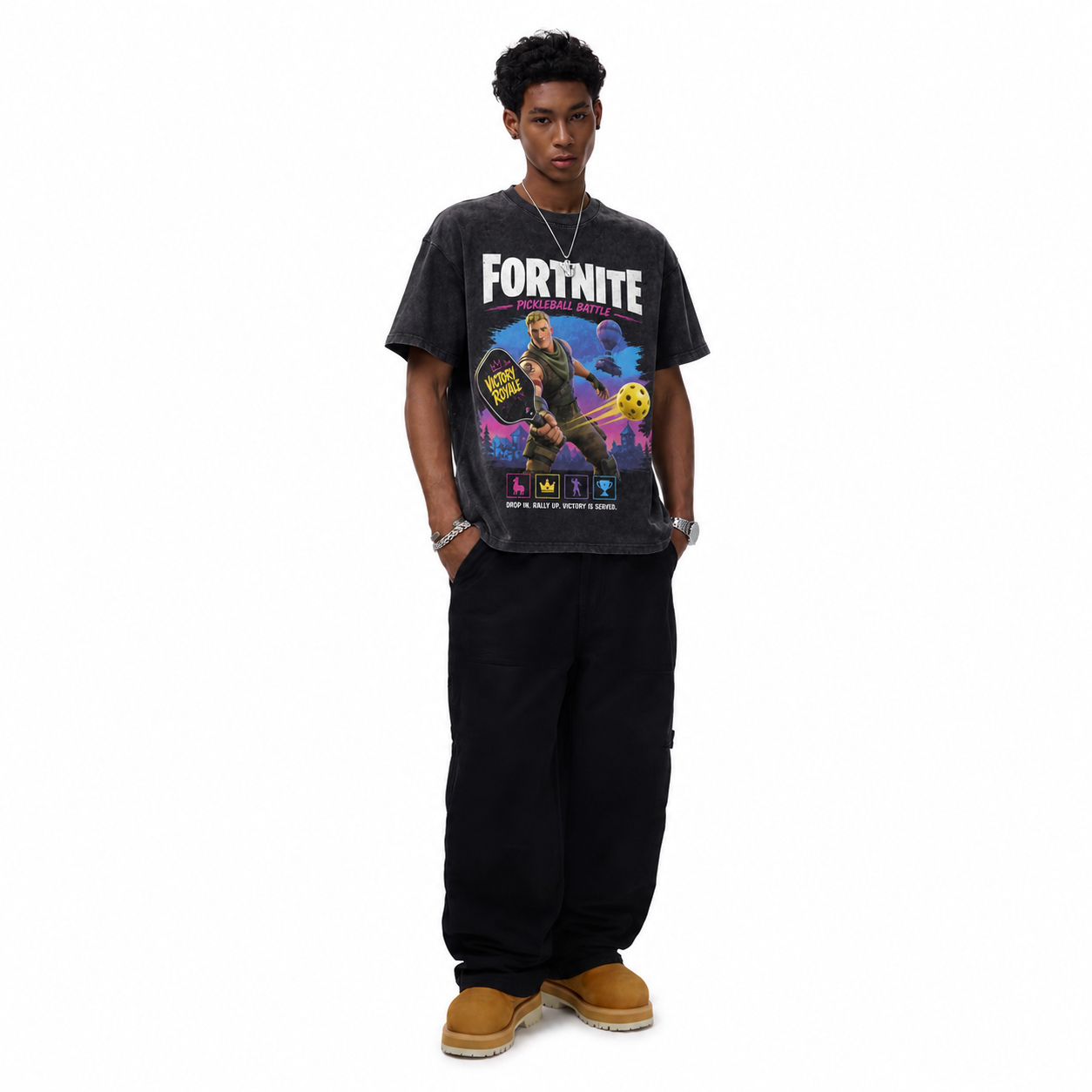 Fortnite Pickleball Battle Washed Black Oversized T-Shirt | Victory Royale Game Sport Mashup Tee