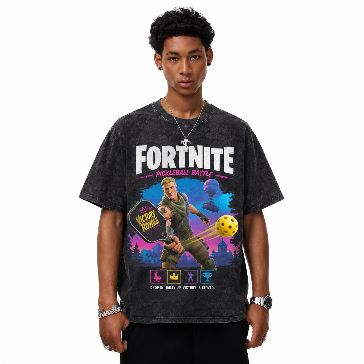 Fortnite Pickleball Battle Washed Black Oversized T-Shirt | Victory Royale Game Sport Mashup Tee