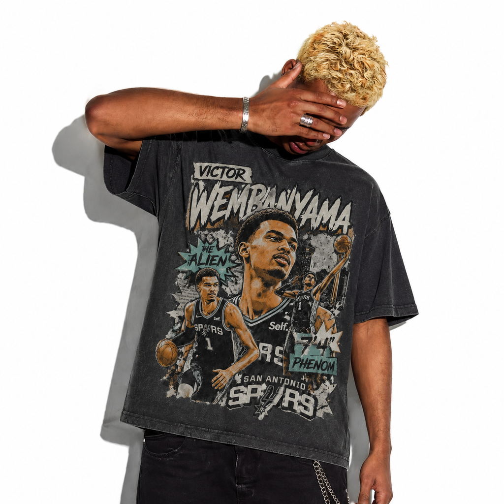 Victor Wembanyama The Alien Collage Washed Black Oversized T-Shirt | Retro Spurs Basketball Bootleg Tee
