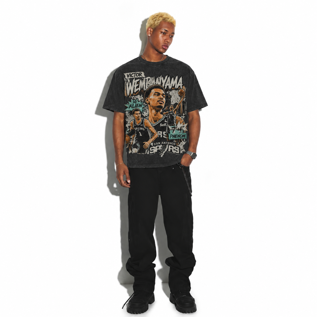 Victor Wembanyama The Alien Collage Washed Black Oversized T-Shirt | Retro Spurs Basketball Bootleg Tee