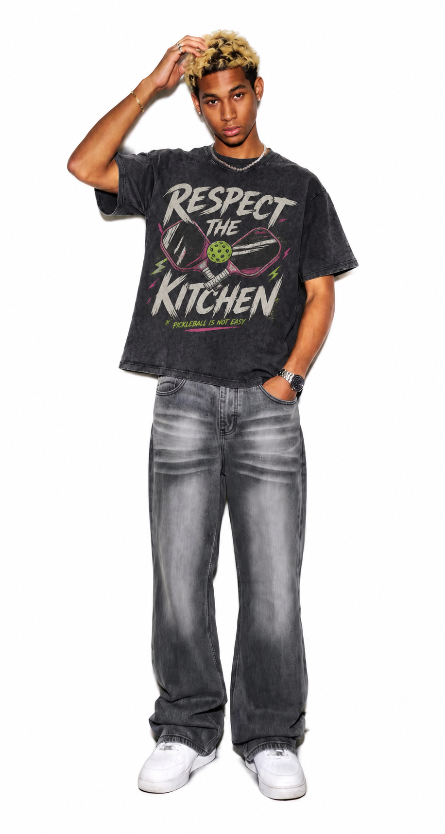 Respect The Kitchen Pickleball Grunge Washed Black Oversized T-Shirt | Retro Pickleball Meme Streetwear Tee