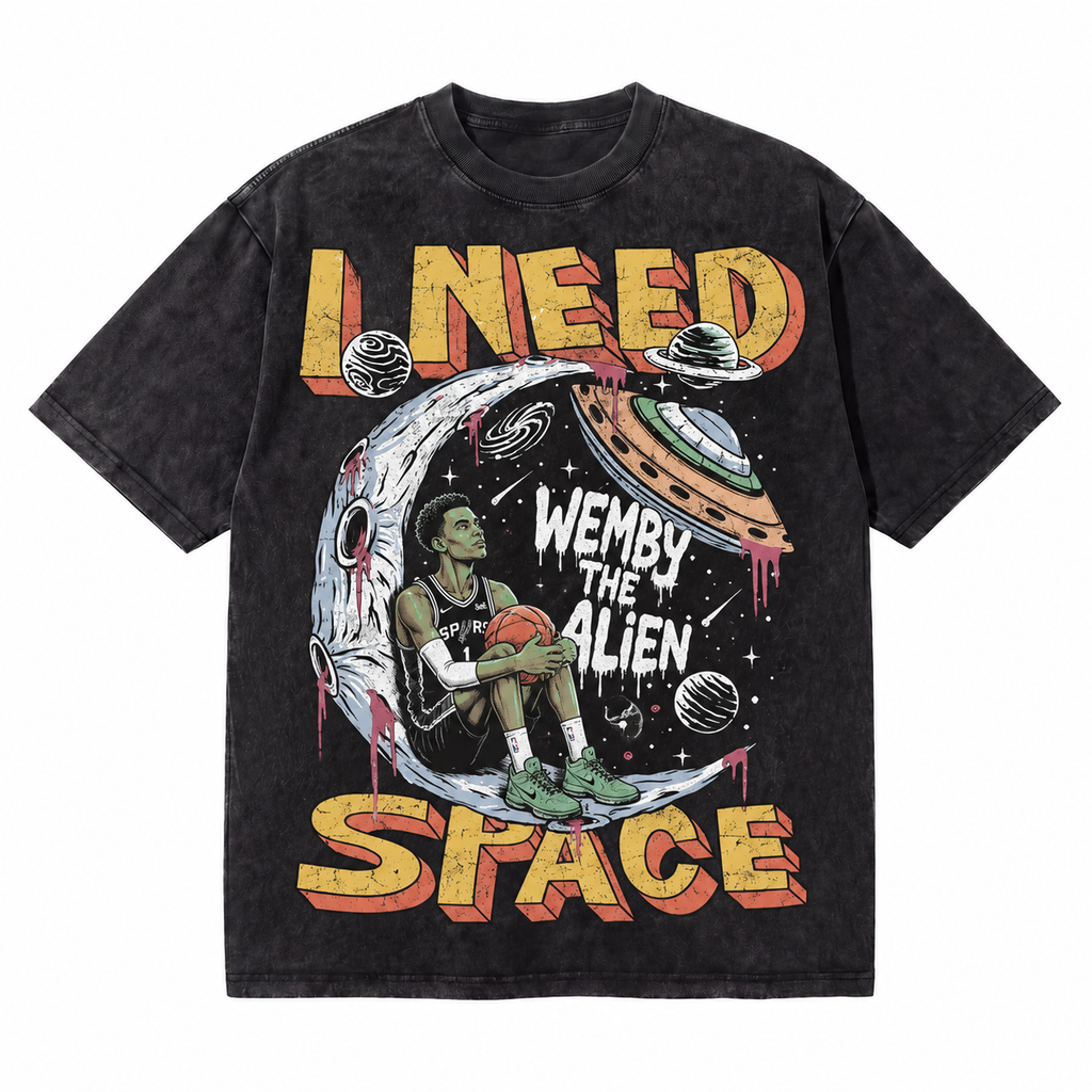 Vintage Acid Wash Wemby The Alien I Need Space Graphic Tee | Retro Basketball Unisex Oversized High-Quality Cotton Blend Streetwear T-Shirt