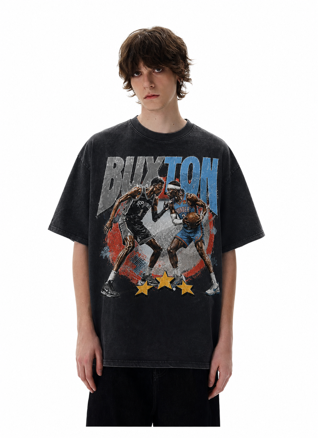 Vintage Acid Wash Wembanyama vs Shai Gilgeous-Alexander BuxTon Graphic Tee | Retro Basketball Unisex Oversized High-Quality Cotton Blend Streetwear T-Shirt