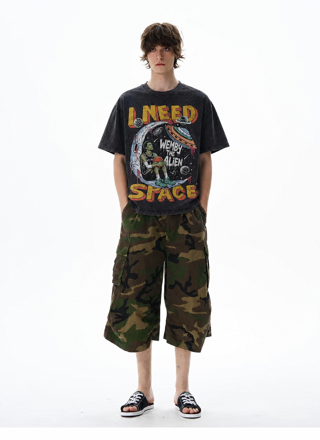 Vintage Acid Wash Wemby The Alien I Need Space Graphic Tee | Retro Basketball Unisex Oversized High-Quality Cotton Blend Streetwear T-Shirt