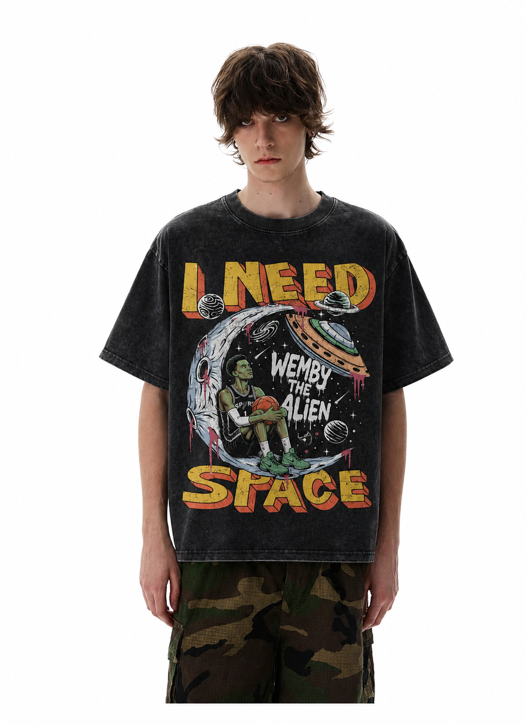 Vintage Acid Wash Wemby The Alien I Need Space Graphic Tee | Retro Basketball Unisex Oversized High-Quality Cotton Blend Streetwear T-Shirt