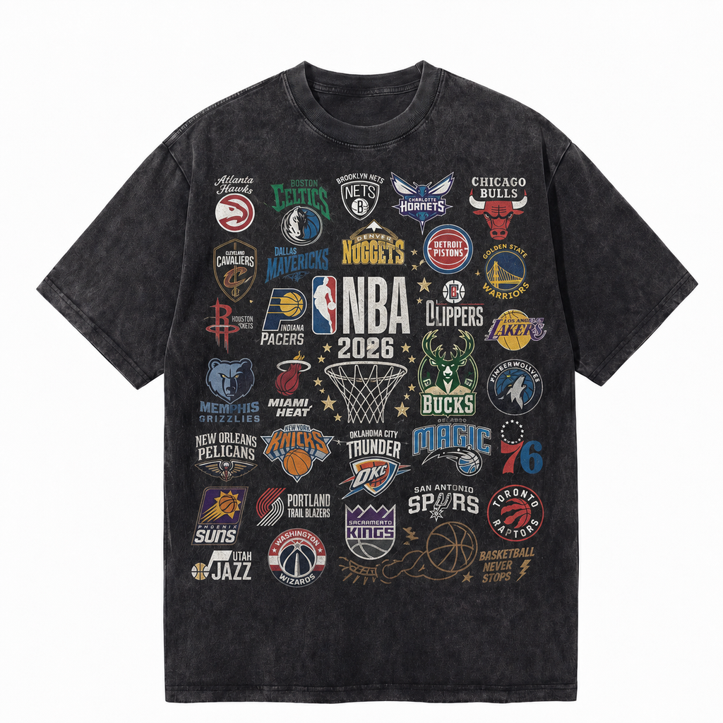Vintage Acid Wash 2026 Full NBA All Teams Logos Graphic Tee | Retro Basketball Unisex Oversized High-Quality Cotton Blend Streetwear T-Shirt