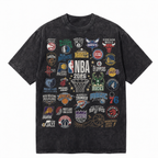 Vintage Acid Wash 2026 Full NBA All Teams Logos Graphic Tee | Retro Basketball Unisex Oversized High-Quality Cotton Blend Streetwear T-Shirt