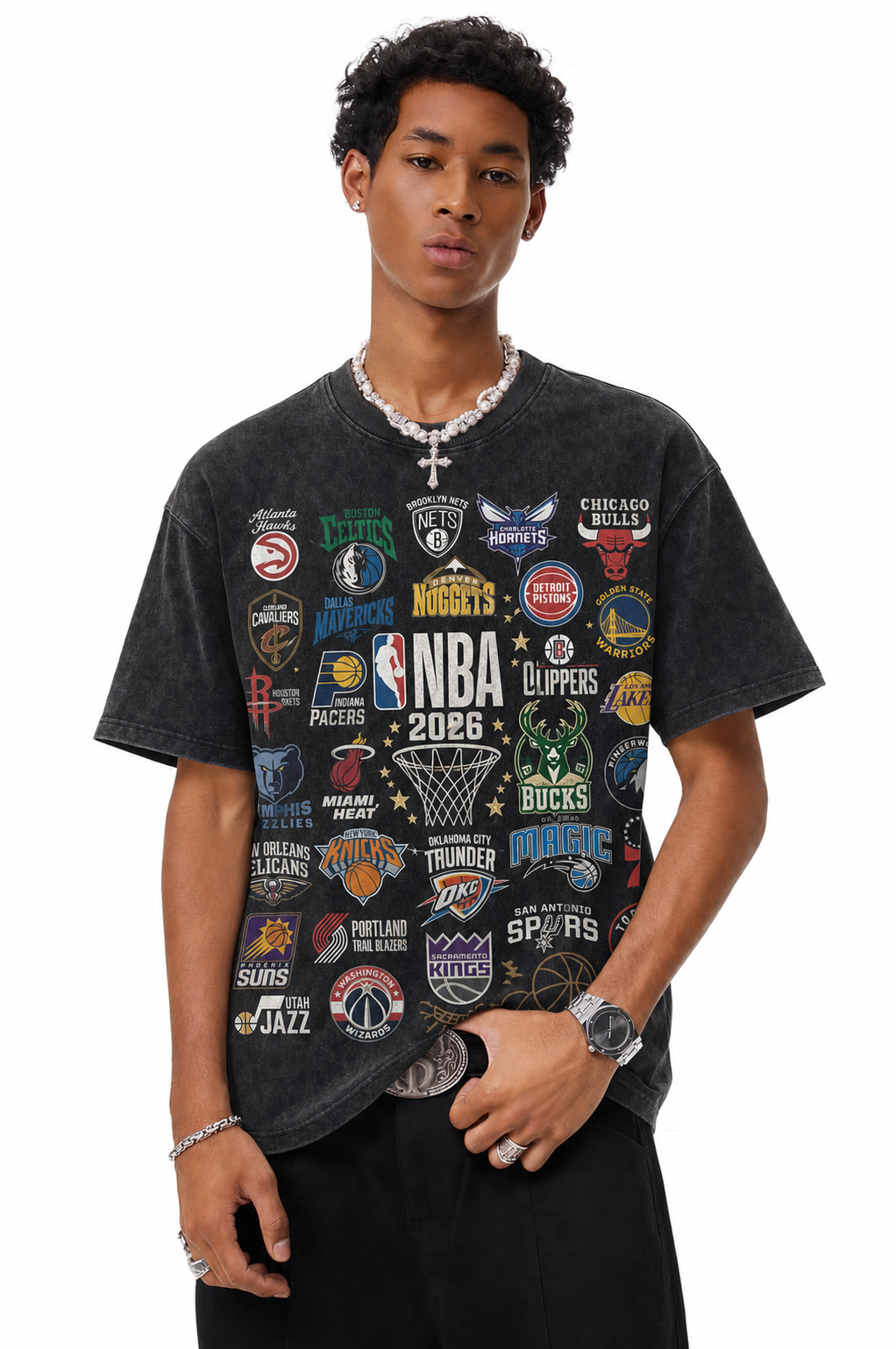 Vintage Acid Wash 2026 Full NBA All Teams Logos Graphic Tee | Retro Basketball Unisex Oversized High-Quality Cotton Blend Streetwear T-Shirt