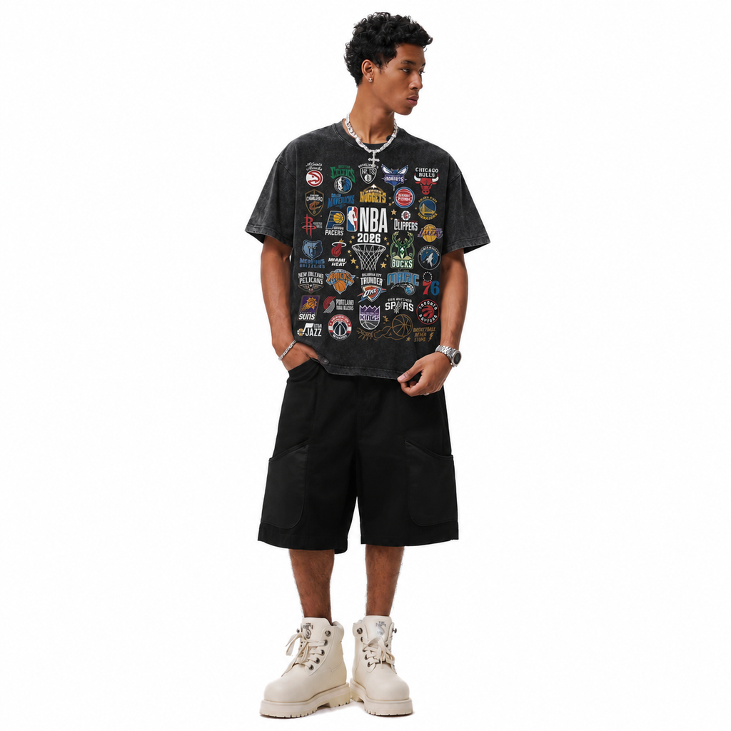 Vintage Acid Wash 2026 Full NBA All Teams Logos Graphic Tee | Retro Basketball Unisex Oversized High-Quality Cotton Blend Streetwear T-Shirt