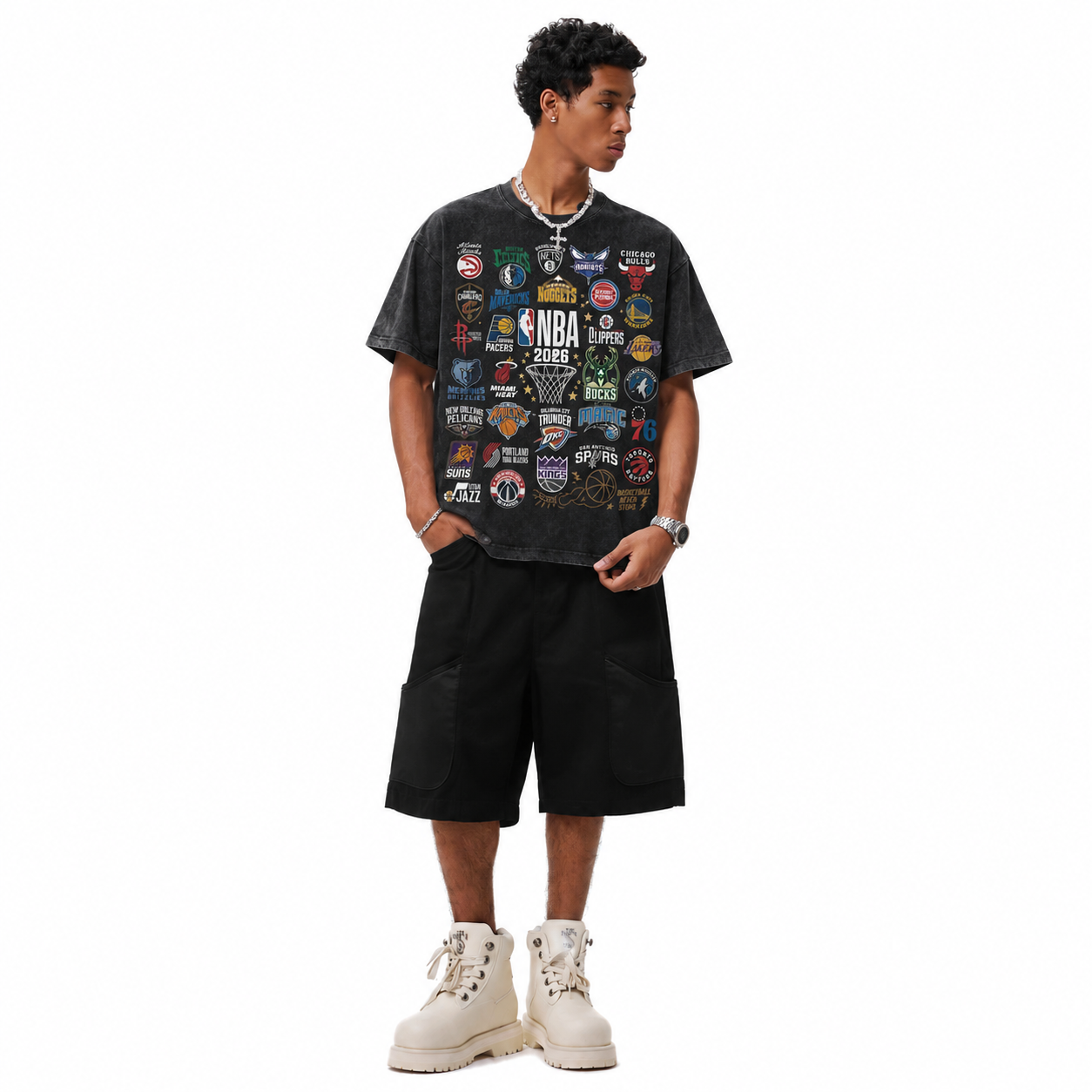 Vintage Acid Wash 2026 Full NBA All Teams Logos Graphic Tee | Retro Basketball Unisex Oversized High-Quality Cotton Blend Streetwear T-Shirt