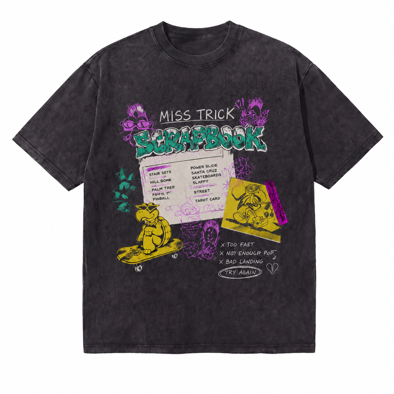 Vintage Acid Wash Miss Trick Scrapbook Skate Turtle Punk Graffiti Graphic Tee | Retro Skate Unisex Oversized High-Quality Cotton Blend Streetwear T-Shirt