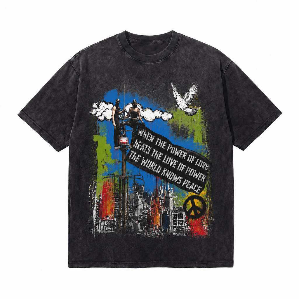 Vintage Acid Wash Street Graffiti Peace Dove Cityscape Love Over Power Quote Graphic Tee | Retro Unisex Oversized High-Quality Cotton Blend Streetwear T-Shirt