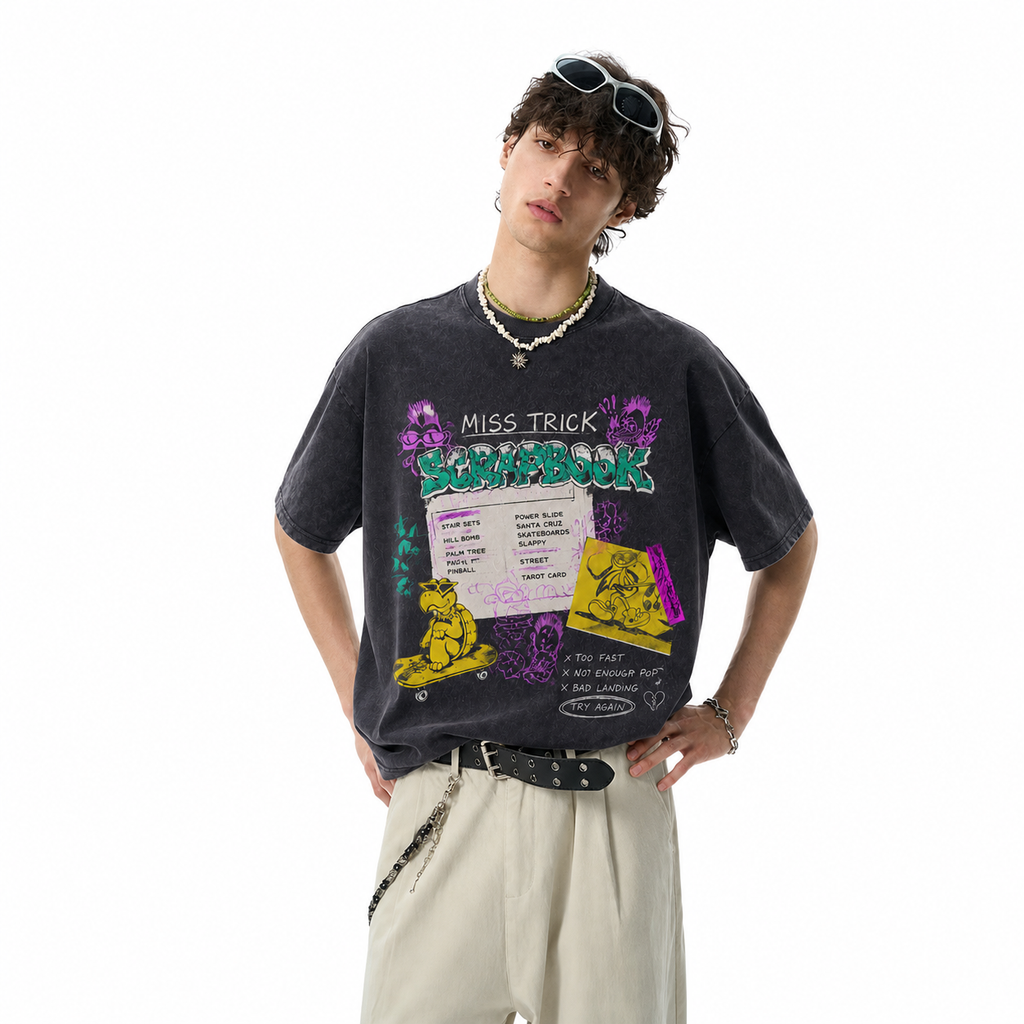 Vintage Acid Wash Miss Trick Scrapbook Skate Turtle Punk Graffiti Graphic Tee | Retro Skate Unisex Oversized High-Quality Cotton Blend Streetwear T-Shirt