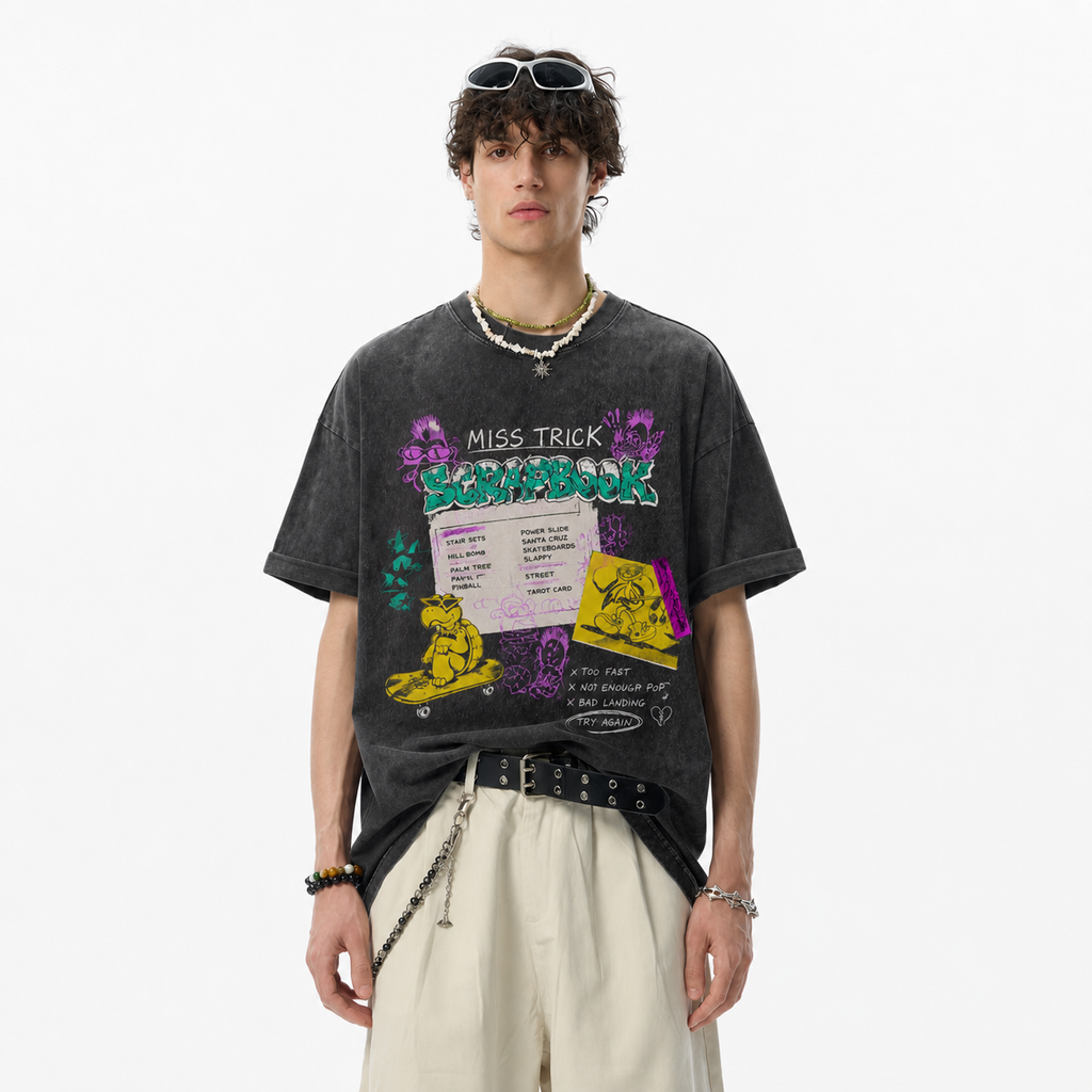 Vintage Acid Wash Miss Trick Scrapbook Skate Turtle Punk Graffiti Graphic Tee | Retro Skate Unisex Oversized High-Quality Cotton Blend Streetwear T-Shirt