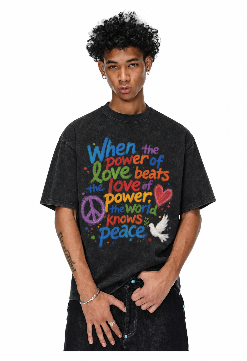 Vintage Acid Wash When The Power Of Love Beats The Love Of Power Rainbow Peace Dove Heart Graphic Tee | Retro Peace Unisex Oversized High-Quality Cotton Blend Streetwear T-Shirt