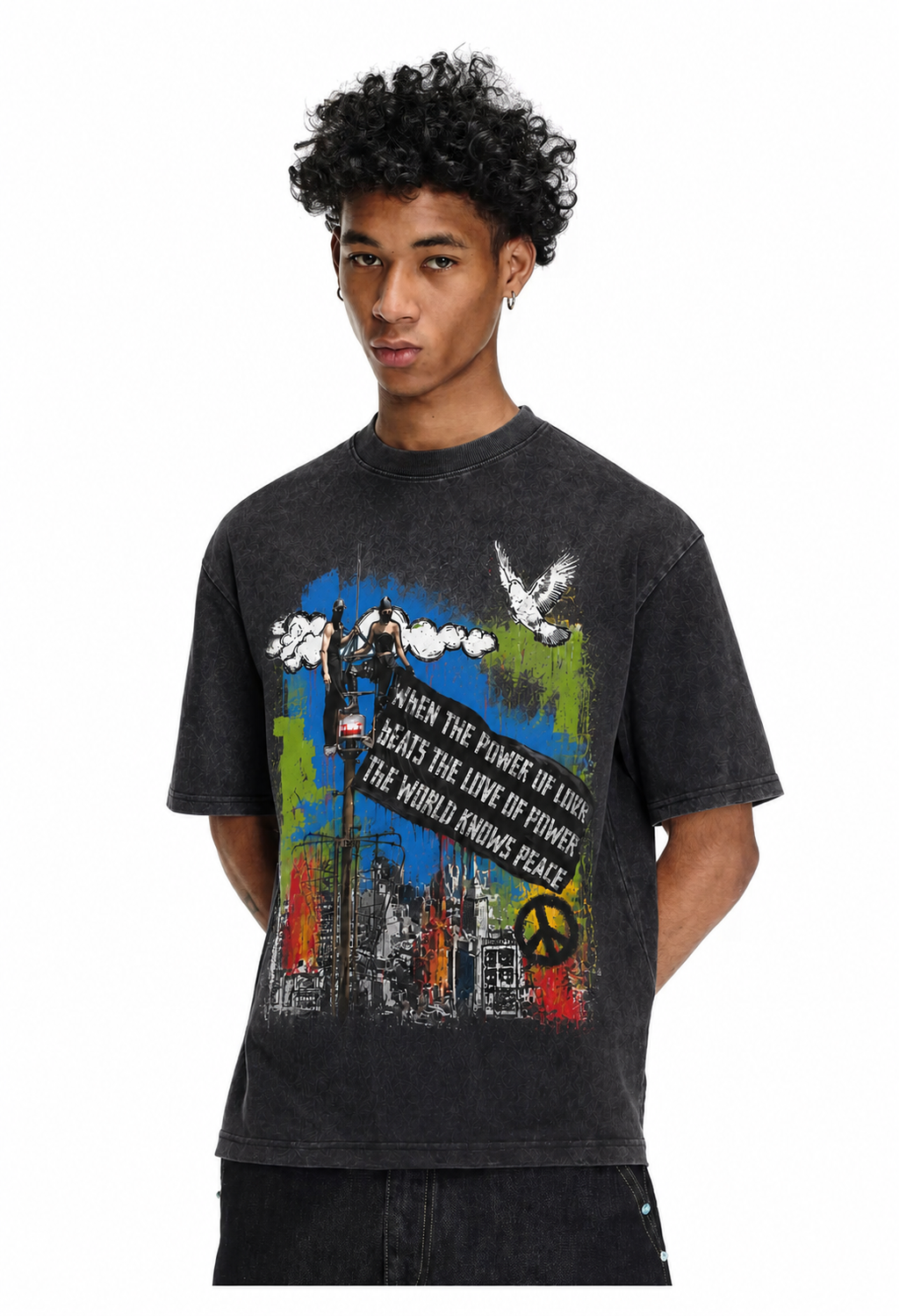 Vintage Acid Wash Street Graffiti Peace Dove Cityscape Love Over Power Quote Graphic Tee | Retro Unisex Oversized High-Quality Cotton Blend Streetwear T-Shirt